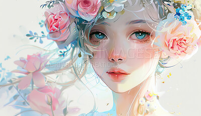 Woman, portrait and anime illustration with beauty flowers as art wallpaper with paint, background or creativity. Female person, face and floral crown or digital drawing as makeup, character or rose