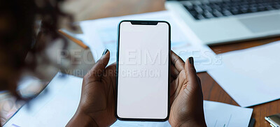 Hands, mockup and cellphone screen for businesswoman, documents and plans on office desk. Technology, advertising and mobile app for law agency, table and paperwork or contract for online firm