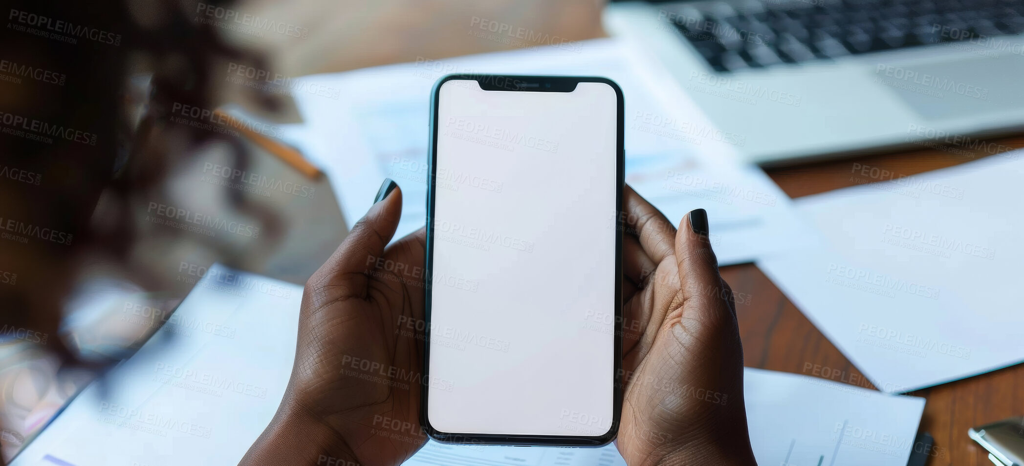 Buy stock photo Hands, mockup and cellphone screen for businesswoman, documents and plans on office desk. Technology, advertising and mobile app for law agency, table and paperwork or contract for online firm