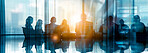 Planning, leadership or silhouette of business people in conference room for discussion, growth or development. Flare, teamwork or office employees in meeting for negotiation, acquisition or b2b deal