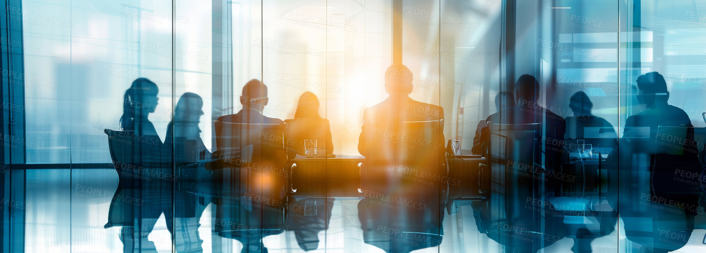 Buy stock photo Planning, leadership or silhouette of business people in conference room for discussion, growth or development. Flare, teamwork or office employees in meeting for negotiation, acquisition or b2b deal