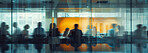 Leadership, silhouette and business people in blurred conference room for discussion, growth or development. Planning, teamwork or office employees in meeting for negotiation, acquisition or b2b deal