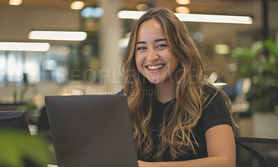 Woman, portrait and office with smile, laptop and confidence for journalism goals. Creative writer, professional news editor and expert reporter for content creation, publishing and press startup