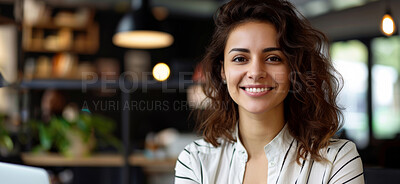 Woman, portrait and workplace with smile, proud and confidence for journalism goals. Creative writer, professional news editor and expert reporter for content creation, publishing and press startup