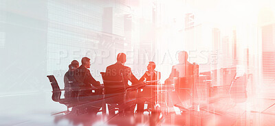 City, overlay and silhouette of business people in meeting for discussion, growth or development. Planning, teamwork or office employees in conference room for negotiation, acquisition or b2b deal