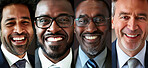 Portrait, collage and business men with smile in headshot for management, leadership and work for corporate career. Diversity, professional and lawyer team in banner for collaboration in legal job