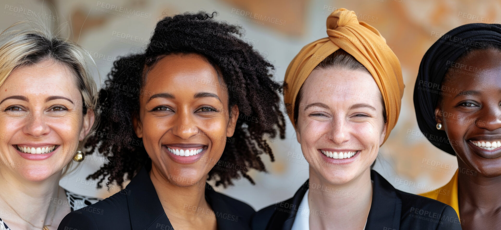Buy stock photo Teamwork, portrait and businesswomen with smile for diversity, inclusivity and equality in workplace. Multicultural, business people and pride with happiness for solidarity, collaboration and unity