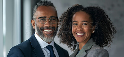 Portrait, businessman and woman with partnership, smile and confidence in collaboration at law firm. Lawyer, attorney or professional legal team with support, trust and coworking at consulting agency