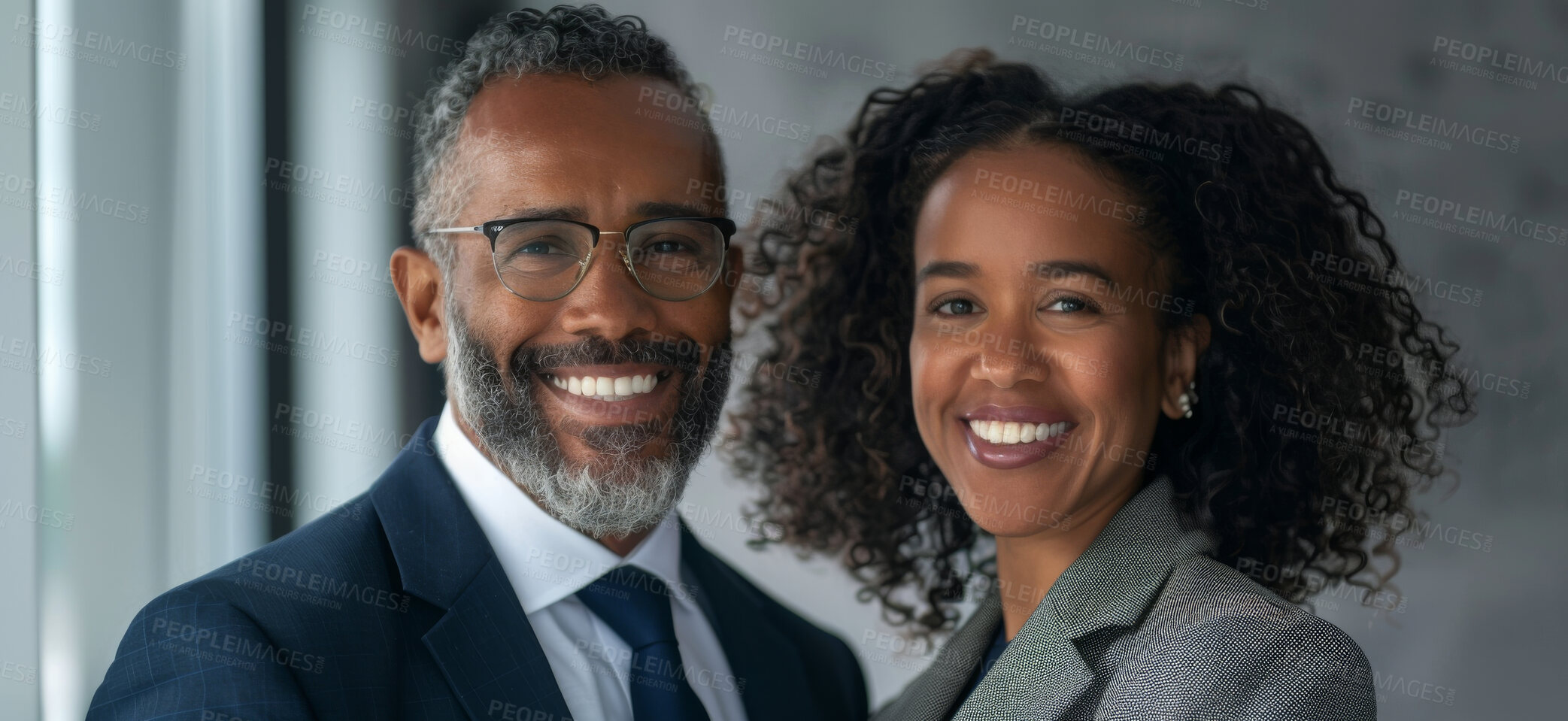 Buy stock photo Portrait, businessman and woman with partnership, smile and confidence in collaboration at law firm. Lawyer, attorney or professional legal team with support, trust and coworking at consulting agency