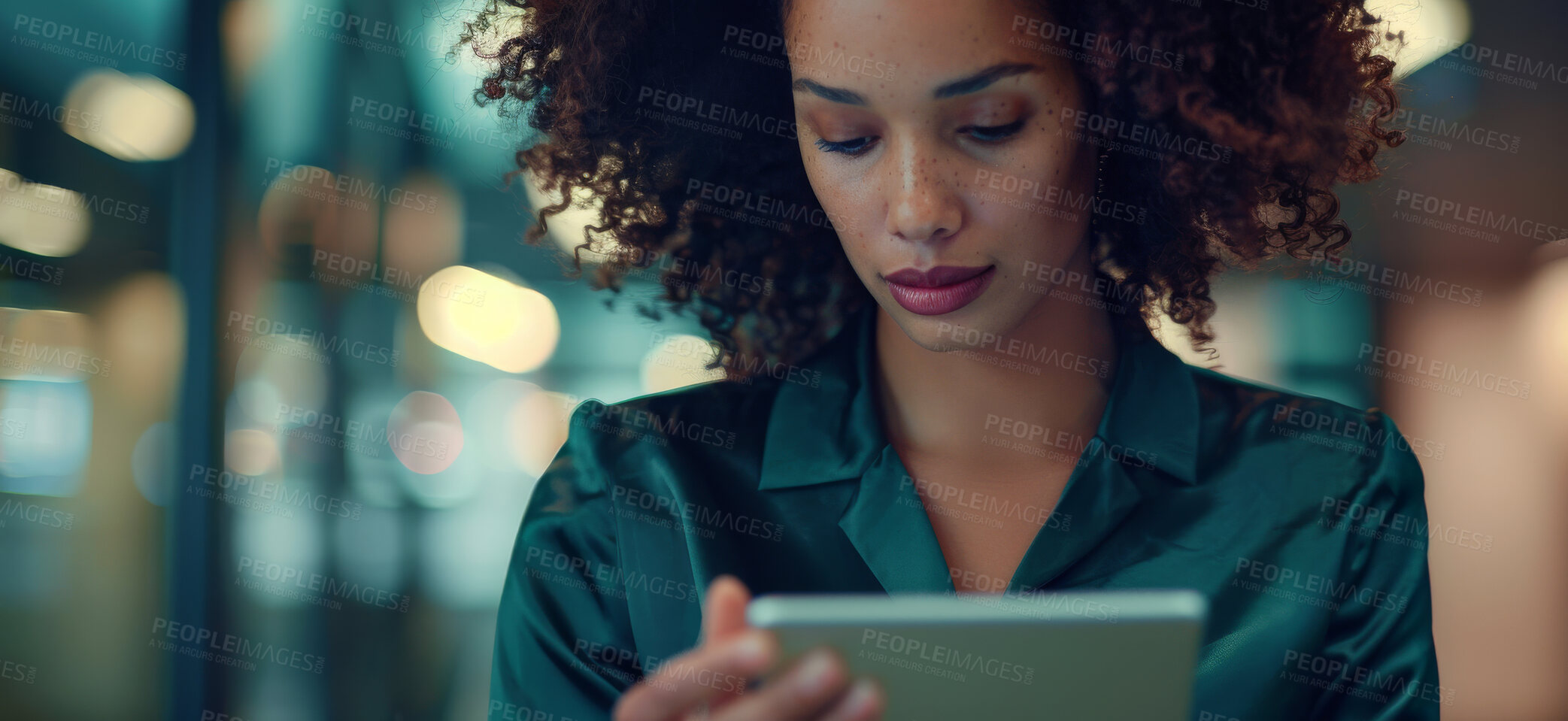 Buy stock photo Reading, tablet and business woman in office serious for contact, communication and work for corporate career. Vision, professional and lawyer with technology for internet in workspace or agency