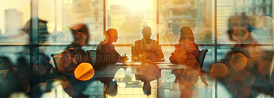 Workshop, city and silhouette of business people in conference room for growth, development and lens flare. Bokeh, teamwork and office employees in meeting for negotiation, acquisition and planning