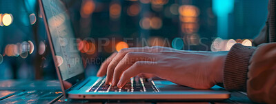 Developer, night or hands of person on laptop coding for online solution, problem solving or work. Technology, bokeh or software programmer typing for internet cybersecurity, research or firewall
