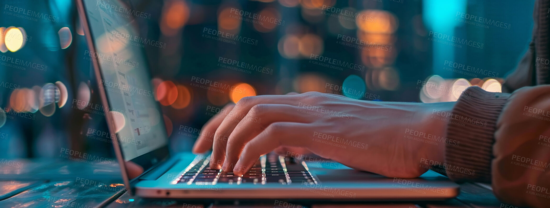 Buy stock photo Developer, night or hands of person on laptop coding for online solution, problem solving or work. Technology, bokeh or software programmer typing for internet cybersecurity, research or firewall