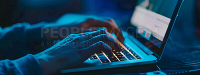 Laptop, dark or hands of person coding in office for online solution, problem solving or night work. Technology, software developer or hacker typing for internet cybersecurity, research or firewall
