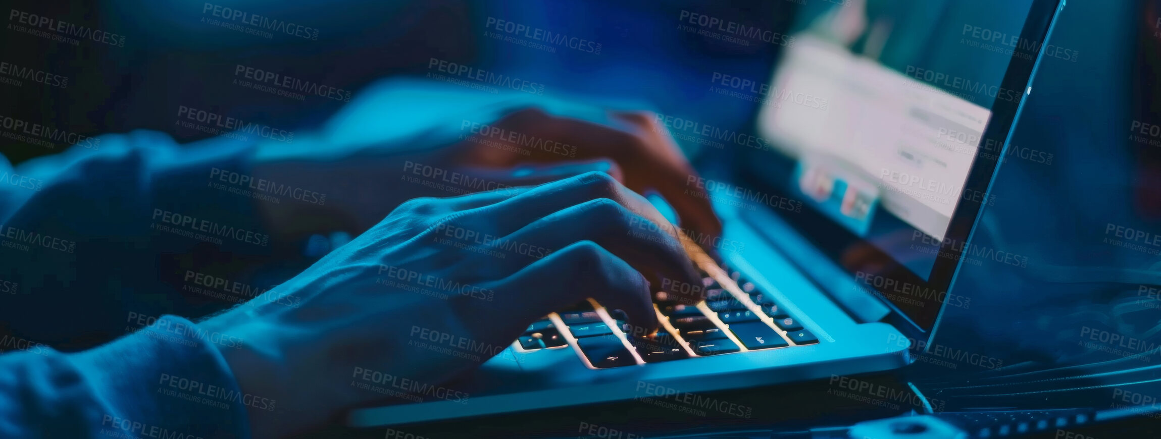 Buy stock photo Laptop, dark or hands of person coding in office for online solution, problem solving or night work. Technology, software developer or hacker typing for internet cybersecurity, research or firewall