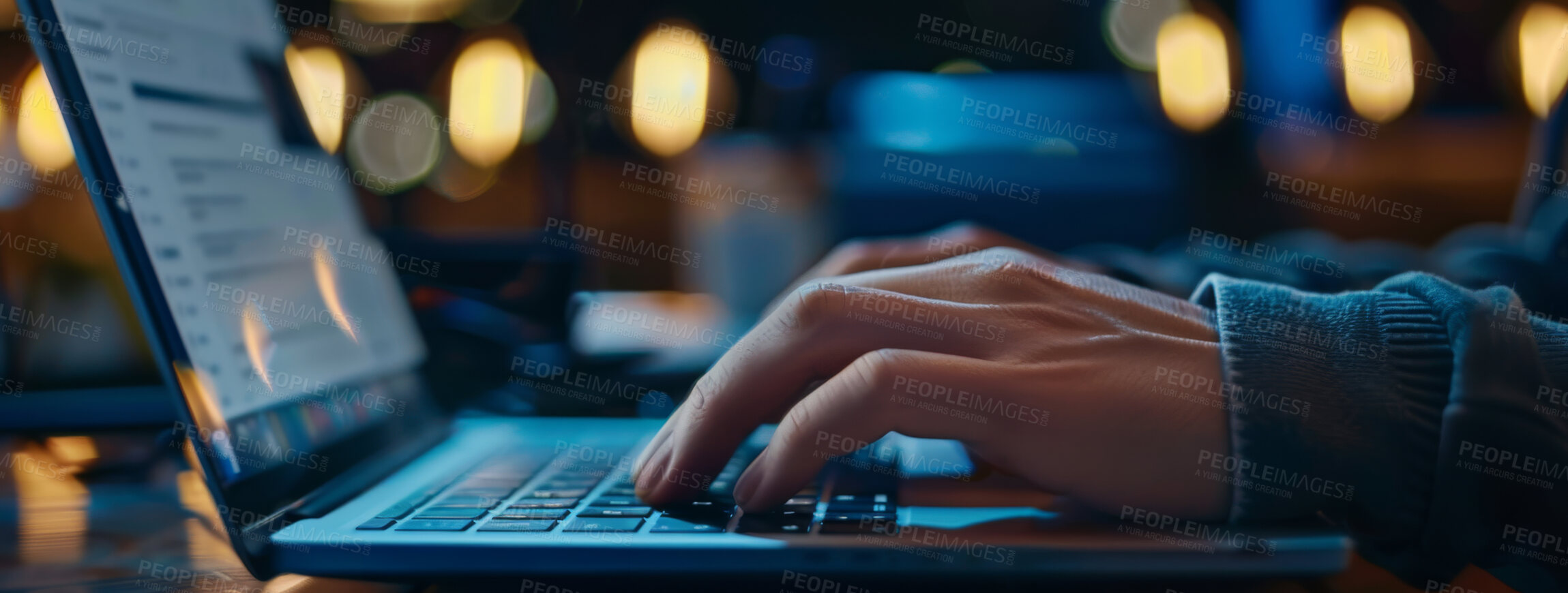 Buy stock photo Email, night or hands of businessman on laptop networking on project or online research in dark office. Person, closeup and editor copywriting on blog report, post or internet banner on keyboard