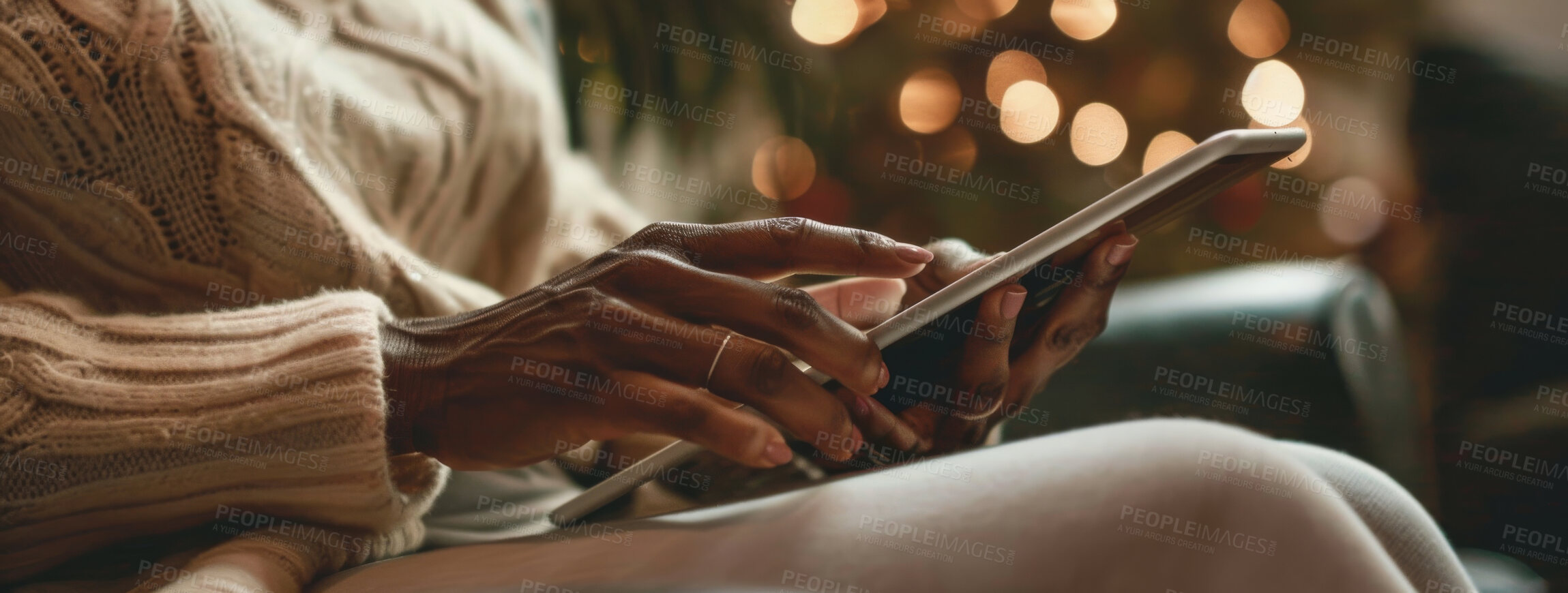 Buy stock photo Closeup, hands and scroll on tablet in living room for email, reading article or searching web in home. Bokeh, connect and person with technology for social media, information or browsing internet