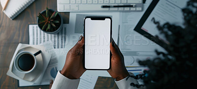 Hands, mockup and cellphone screen for businesswoman, documents and plans on office desk. Technology, advertising and mobile app for financial advisor, digital and paper or contract for online work
