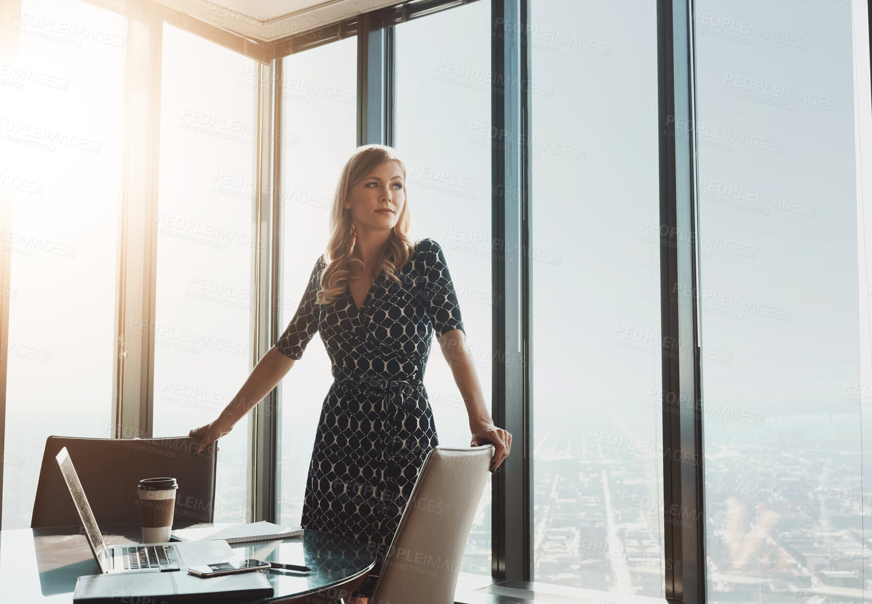 Buy stock photo Business, woman and thinking at office window with ideas for legal case, brainstorming and planning strategy. Paralegal, intern and thoughtful at law firm with problem solving, reflection and wonder