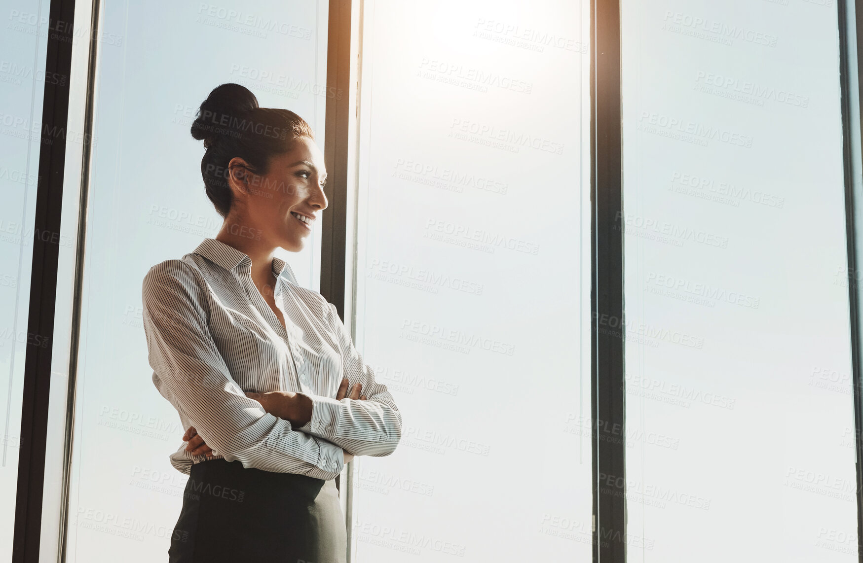 Buy stock photo Business, woman and thinking with arms crossed at window in office for legal case ideas, problem solving and solution. Lawyer, law firm and thoughtful in boardroom with smile, professional and pride