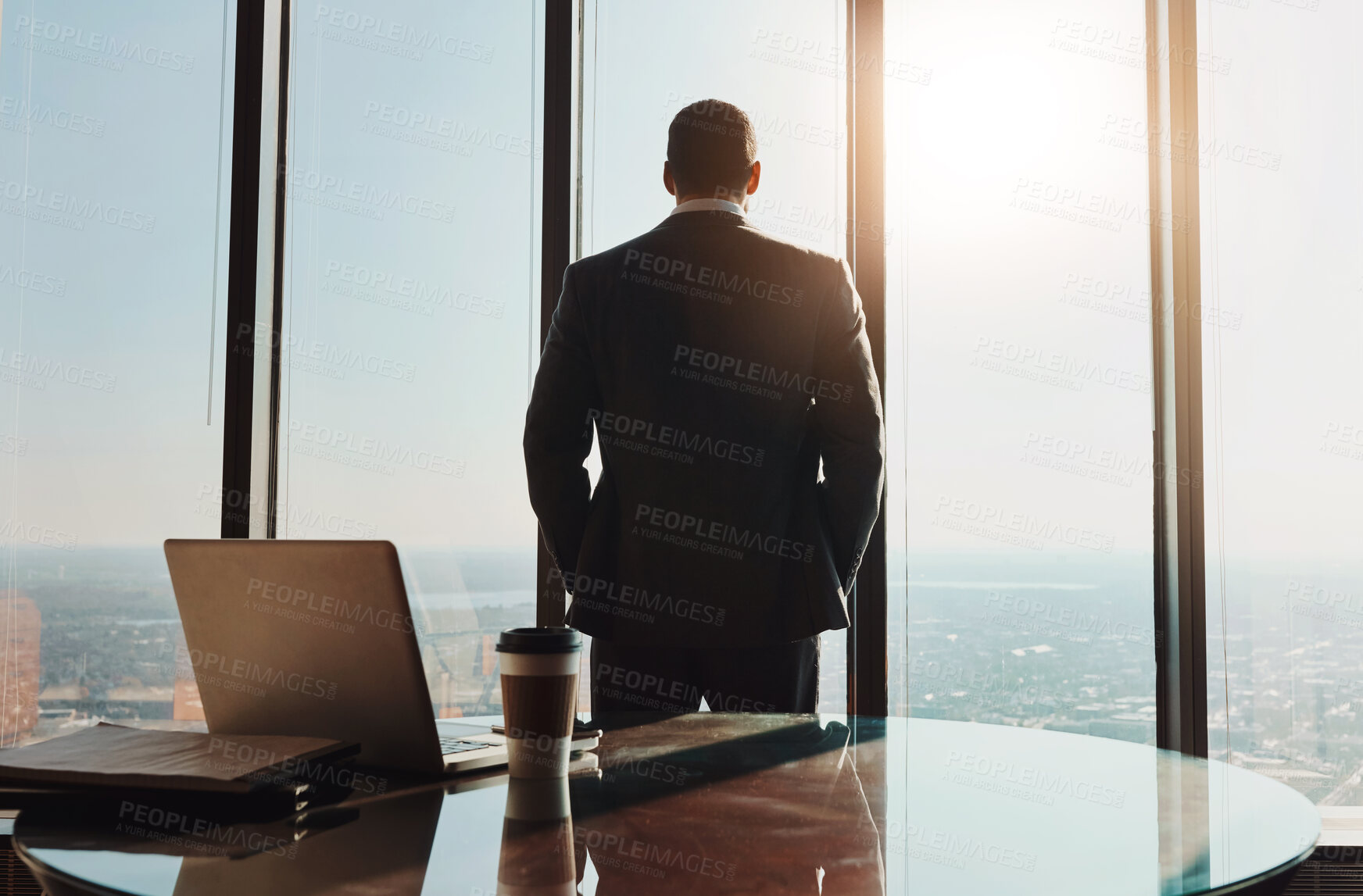 Buy stock photo Business, man and back thinking at window in office with city view for legal case ideas and solution. Law firm, thoughtful advocate and professional or contemplating client defense for court trial