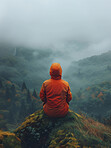 Person, nature and meditation for peace, rest and zen mindset to clear thoughts with back view. Calm, hiker and freedom with trees, mist and clouds for journey or adventure to reset mental health