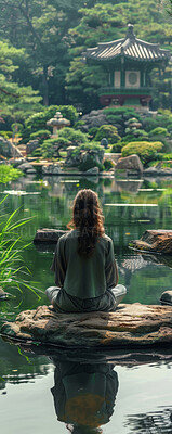 Woman, relax and meditation with lake on rock for zen, spiritual wellness or healing in Japan. Rear view of female person or calm yogi meditating for tradition, culture or holistic mindset in nature