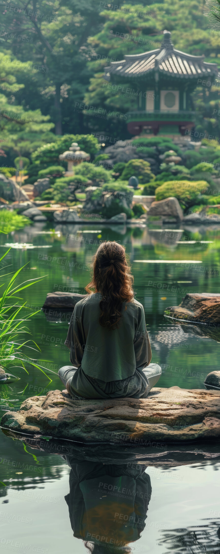 Buy stock photo Woman, relax and meditation with lake on rock for zen, spiritual wellness or healing in Japan. Rear view of female person or calm yogi meditating for tradition, culture or holistic mindset in nature