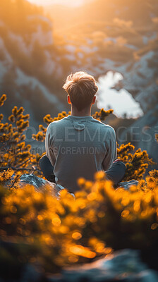 Man, nature and meditation for peace, rest and zen mindset to clear thoughts with back view. Calm, person and freedom with flowers and mountain for wellness, motivation and mental health reset
