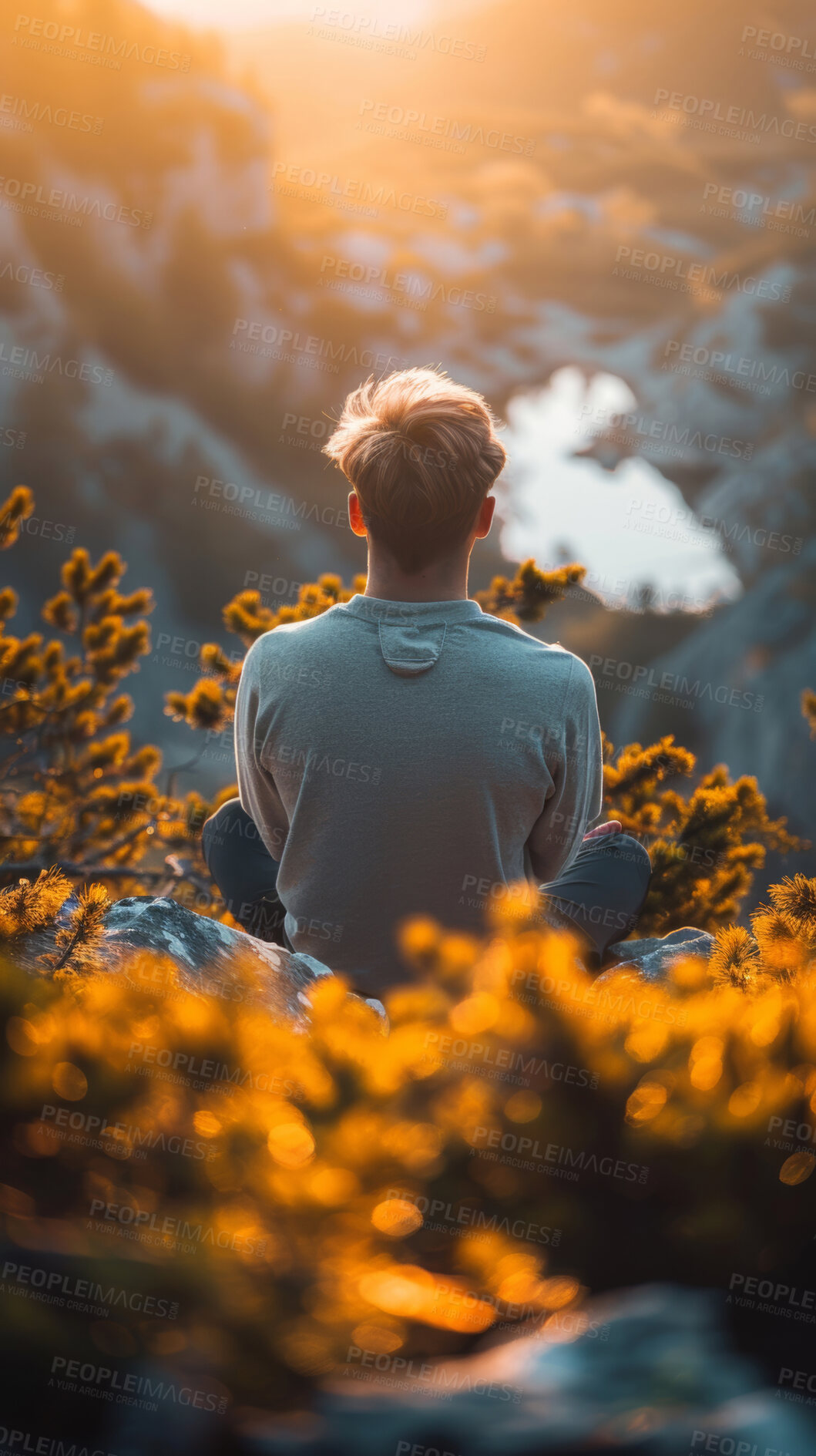 Buy stock photo Man, nature and meditation for peace, rest and zen mindset to clear thoughts with back view. Calm, person and freedom with flowers and mountain for wellness, motivation and mental health reset