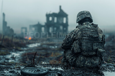 Crisis, war and soldier person on battlefield with back view, damage and destruction with conflict in Ukraine. Army, military and fight, hero with defeat and sad with depression for fail in mission