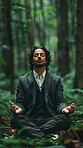 Businessman, forest and meditation with suit for wellness or calm, peace or mindset in nature. Male person, spiritual and zen for health or stress from job, exercise in countryside or park for relax