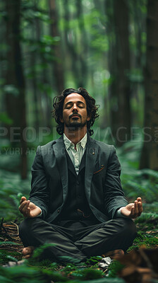 Businessman, forest and meditation with suit for wellness or calm, peace or mindset in nature. Male person, spiritual and zen for health or stress from job, exercise in countryside or park for relax