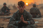 Soldier, sad or prayer for peace, freedom and healing with mindfulness for faith. Military, hero or man spiritual for support, hope and thinking or cease fire to end war, political or social conflict