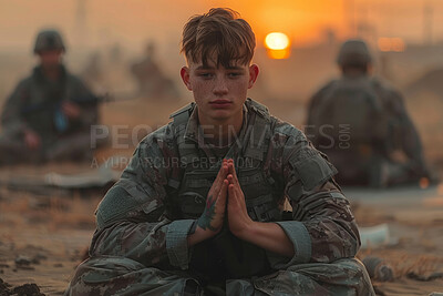 Soldier, sad or prayer for peace, freedom and healing with mindfulness for faith. Military, hero or man spiritual for support, hope and thinking or cease fire to end war, political or social conflict