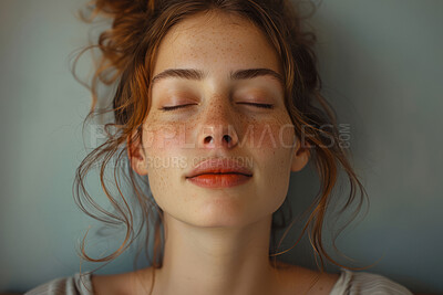 Woman, relax and calm with eyes closed for happy in house with zen for harmony with meditating. Balance, peace and mindset with stress relief on weekend for chakra with tranquility or wellness