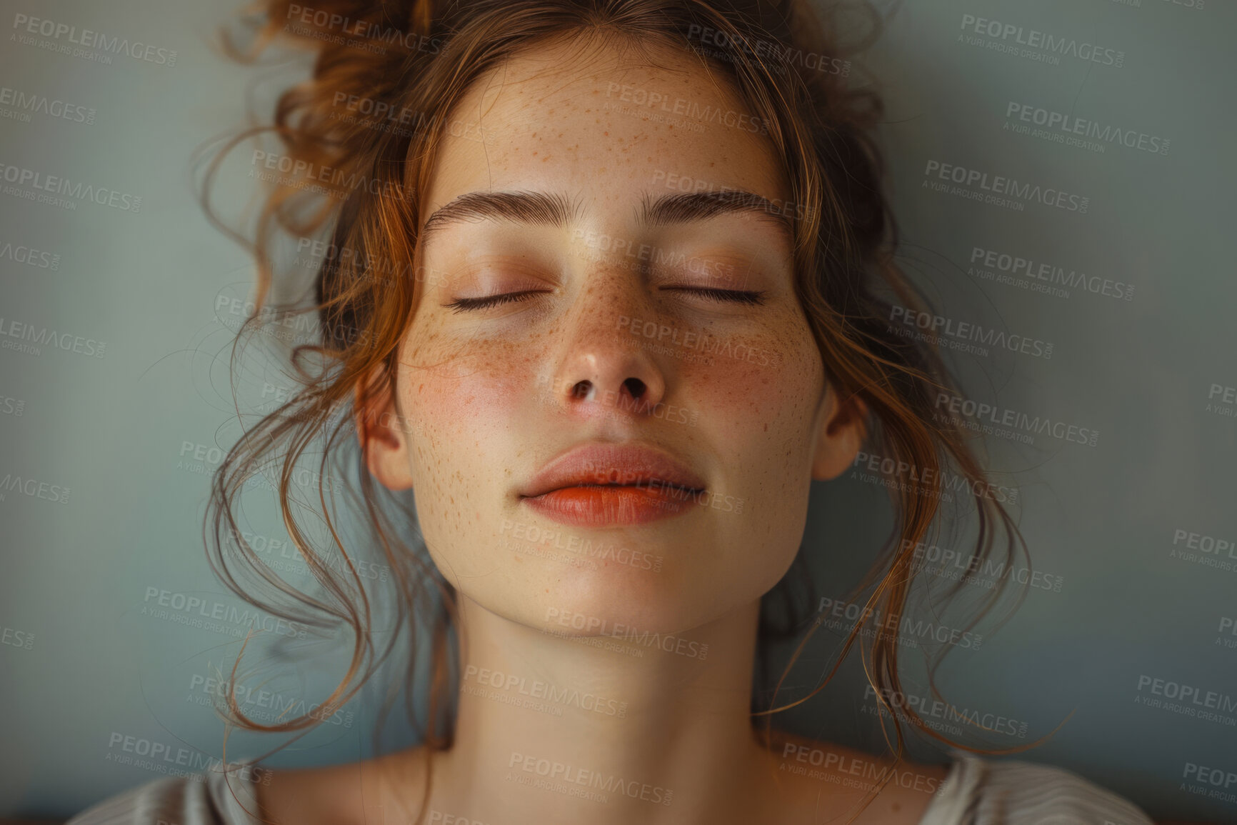 Buy stock photo Woman, relax and calm with eyes closed for happy in house with zen for harmony with meditating. Balance, peace and mindset with stress relief on weekend for chakra with tranquility or wellness