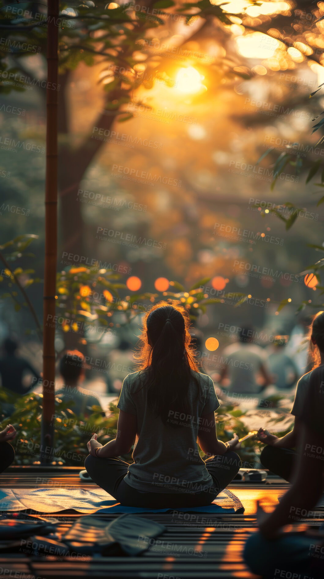 Buy stock photo Girl, forest and calm meditation for peace or spiritual growth, emotional balance and mindfulness for mental health. People, back view and yoga on vacation for zen outdoor, lotus pose and chakra.