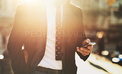 Buy stock photo City, hands and business man with smartphone for send messages, communication and access to information. Flare, male person and phone with mobile app for appointment check, networking and walking