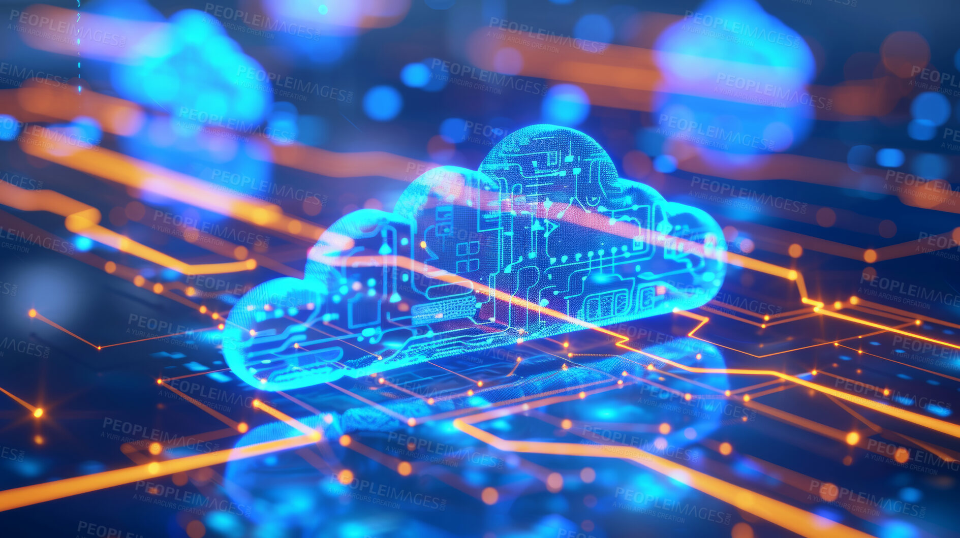 Buy stock photo Cloud storage, neon and cybersecurity for software, user and data safety in futuristic programming on circuit board. Server, connection and integration chip of information technology in digital world