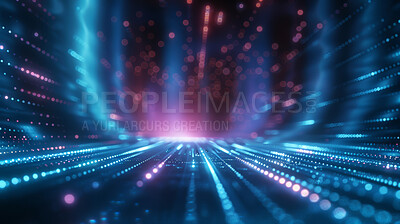 Abstract, technology and algorithm as digital background for cybersecurity server, big data or circuit board. Wallpaper, lights and bokeh with internet network or futuristic flow, speed or machine
