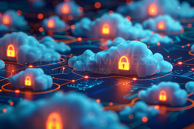 Cloud storage, digital and lock for cybersecurity, software and user data safety in futuristic 3D illustration. Circuit board, server and information technology firewall, code ot password protection