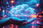 Hand, cloud and storage or digital server with bokeh lights or software cybersecurity, wallpaper or abstract. Person, palm and fingers with information technology or futuristic, engineering or data