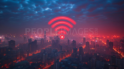 Wireless connectivity sign, cityscape and night with sky, digital transformation and futuristic hologram. Fast signal, skyline and clouds by buildings, internet speed and global network on landscape