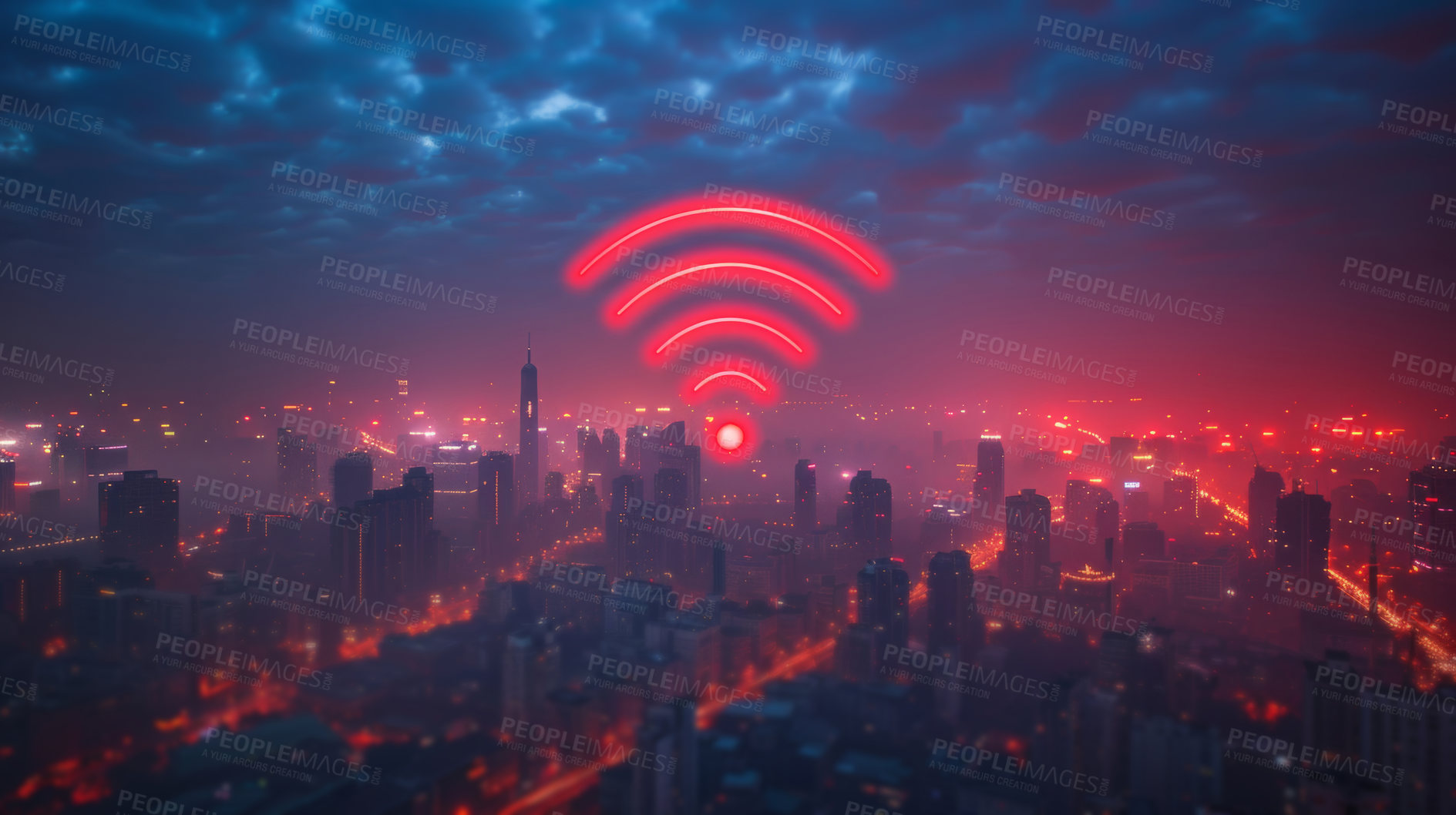 Buy stock photo Wireless connectivity sign, cityscape and night with sky, digital transformation and futuristic hologram. Fast signal, skyline and clouds by buildings, internet speed and global network on landscape