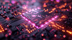 Technology, circuit and motherboard of computer with cpu for dig data, server or cybersecurity. Neon, IT graphic and microchip with database system for digital abstract, innovation or cloud computing