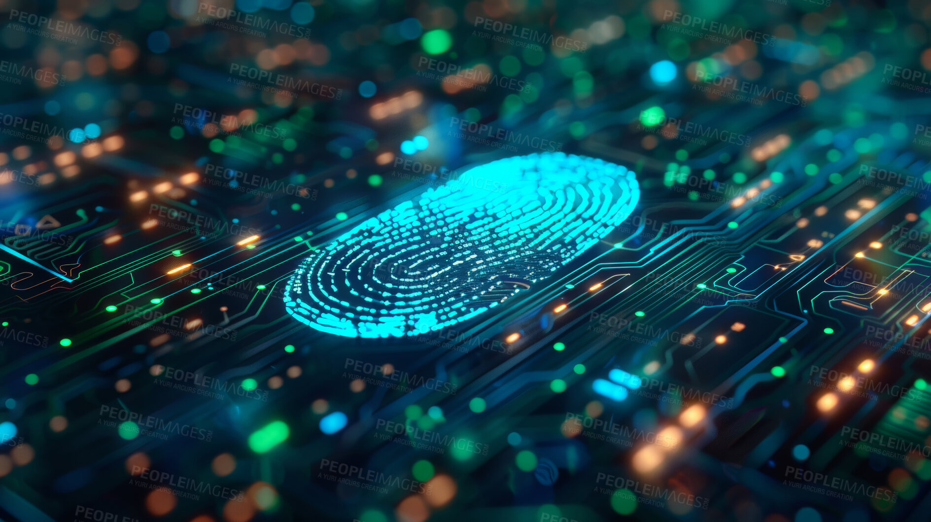 Buy stock photo Biometric, technology and data in network with fingerprint for scan, cybersecurity or information. System, circuit and icon with graphic of binary diagnostic for access control, algorithm or database