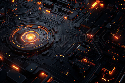 Circuit, motherboard and programming interface with technology, electronic dashboard and abstract pattern. Digital network, futuristic database and neon orange design for network and code innovation