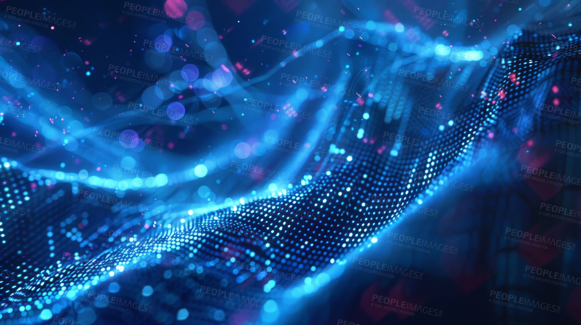 Buy stock photo Neon, blue and motion of particles for connection or cybersecurity and futuristic technology for digital transformation. Big data, electricity and energy for programming, software and cloud computing