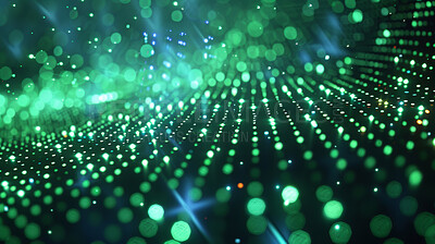 Network, connection and digital transformation for electronic server with database, bokeh effect. Abstract background of speed, light blur and neon green pattern for cloud computing and code pattern